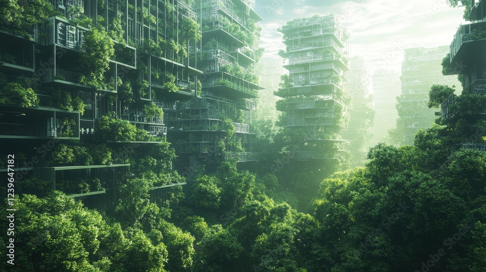 Poster a lush forest gradually merging into an expanding urban landscape, symbolizing the harmonious growth