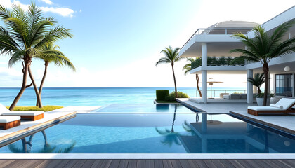 Obraz premium Luxury beach house with sea view swimming pool and terrace at vacation.3d rendering , with white tonespng