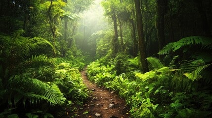 Fototapeta premium A lush forest trail weaves through vibrant vegetation, showcasing the rich diversity of plant life and the harmonious coexistence of species within a thriving ecosystem.