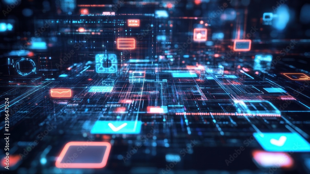 Poster abstract digital network with glowing elements and data flow visualization technology