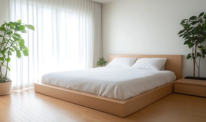 A minimalist Japandi-style bedroom featuring warm wooden tones and modern design elements.