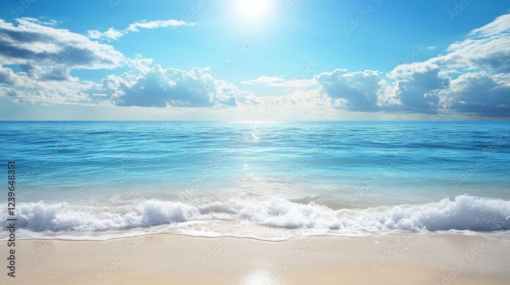 Poster calm ocean waves gently lap the sandy shore under a bright sun and scattered clouds. generative ai