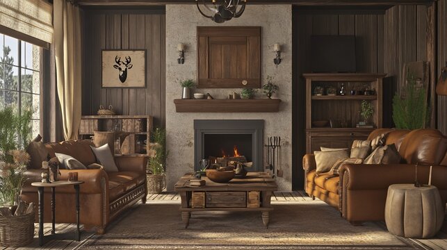 Cozy rustic cabin living room with fireplace and leather sofas for relaxation