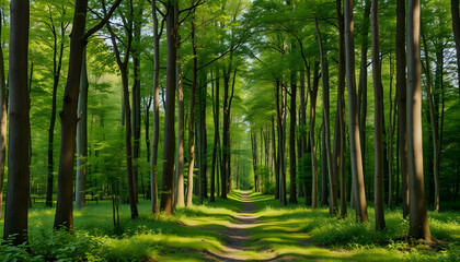 Obraz premium footpat between trees in green forest , with white tonespng