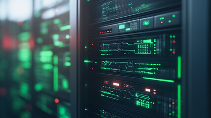 Server Room Glow: Close-up of a server rack with glowing green lights, showcasing advanced technology and data processing.  The image evokes a sense of innovation, power and the digital age.