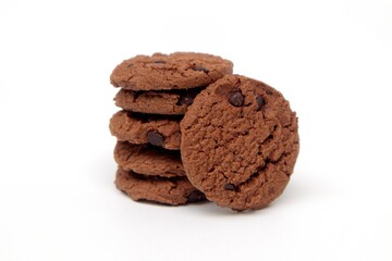 Stack of chocolate biscuits on a white background