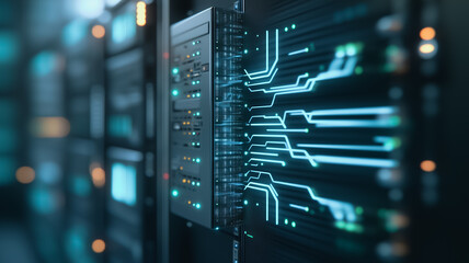 Data Center Network: Glowing teal circuit lines illuminate a sleek server rack in a modern data center, showcasing advanced technology and connectivity. 