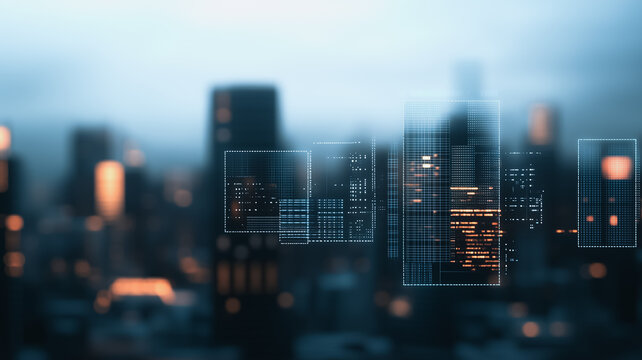 Smart City at Dusk: Futuristic digital data overlays a blurred cityscape at twilight, symbolizing technological innovation and urban development.