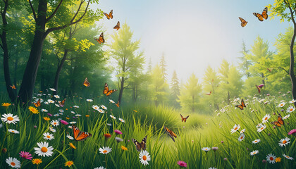 Fototapeta premium summer forest glade with flowering grass and butterflies on a sunny day; , with white tonespng