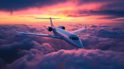 A luxury private jet cruising through a vivid sky at sunrise, showcasing the beauty of the world waking up beneath.