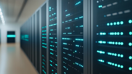 Server Room Glow: Rows of sleek, dark servers hum with activity, their teal indicator lights subtly illuminating the modern data center.  The image conveys a sense of power, technology.