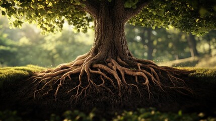 A magnificent tree roots extend into different environments, symbolizing the deep connection and harmony between nature, biodiversity, and the Earth ecosystems.