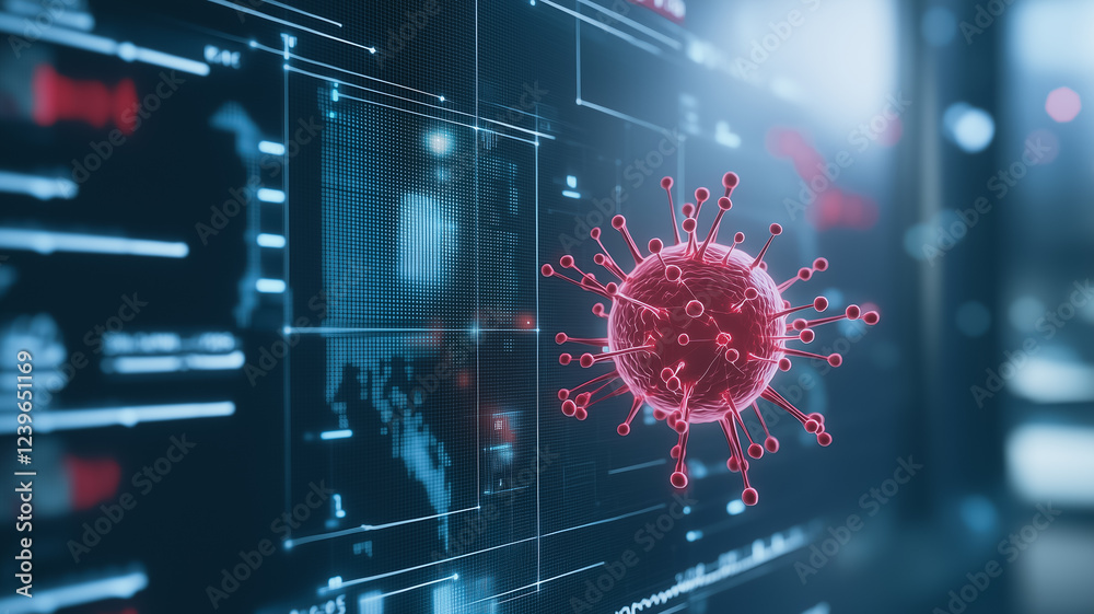 Poster digital virus: a striking, graphic rendering of a virus particle on a screen, symbolizing the omnipr
