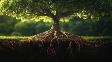 A magnificent tree roots extend into different environments, symbolizing the deep connection and harmony between nature, biodiversity, and the Earth ecosystems.