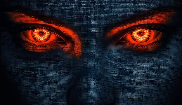 A close-up of a gender-neutral AI face with red glowing eyes and immersed in binary code, depicting a cybernetic evil figure in a digital horror concept, artfully designed in a cyberpunk fashion.