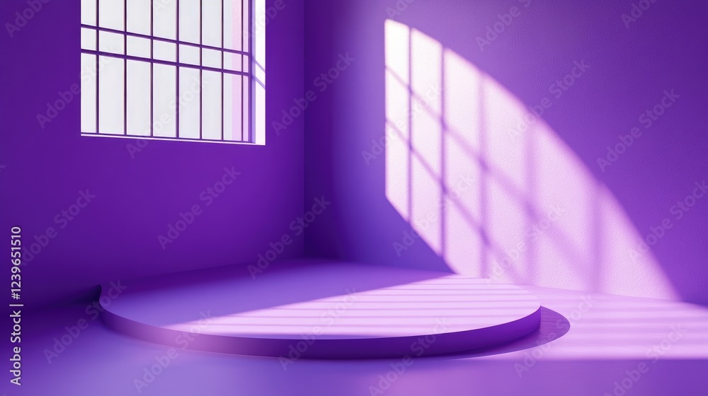 Poster a minimalist 3d studio featuring a purple corner and window shadows, creating a contemporary, abstra