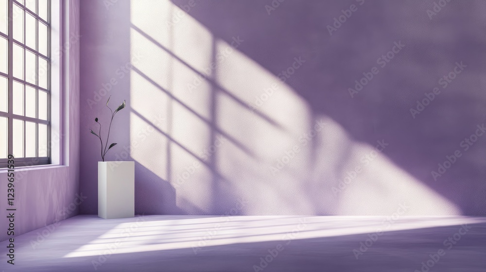 Poster a minimalist 3d studio featuring a purple corner and window shadows, creating a contemporary, abstra