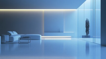 Naklejka premium A minimalist modern interior with a brightly illuminated wall, creating a clean and sleek backdrop for a contemporary living space.