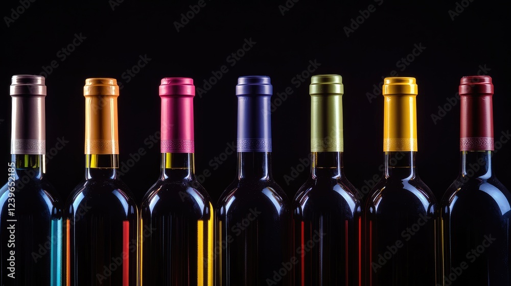 Poster a minimalist shot of wine bottles aligned symmetrically, their colorful caps and detailed labels glo