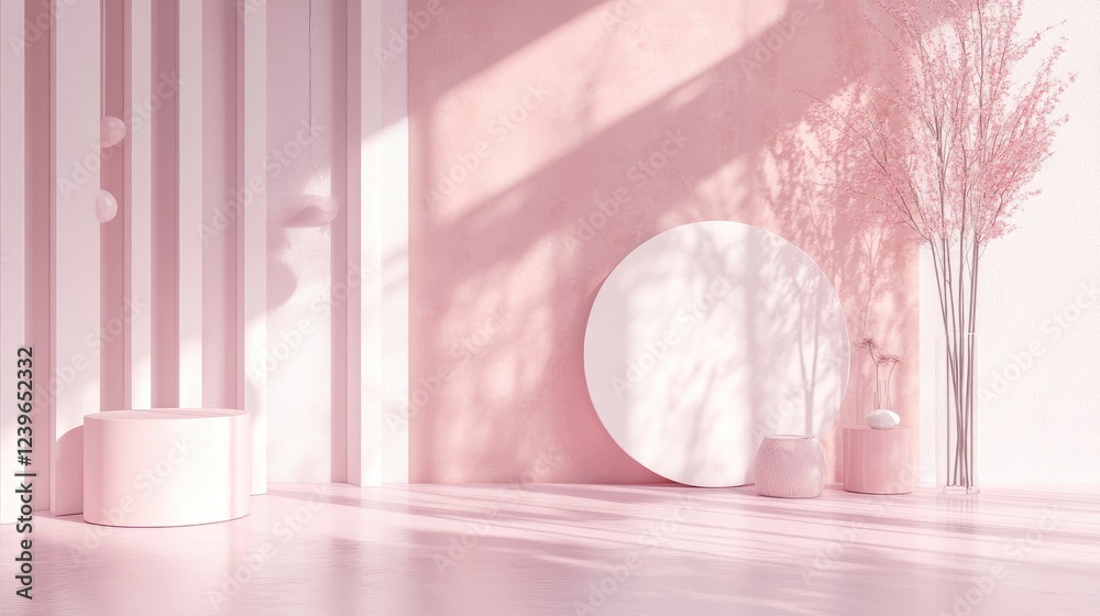 Poster A minimalist virtual Zoom room with pink design elements and abstract generative art, offering a modern and sophisticated virtual backdrop.