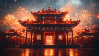 Fototapeta premium Ancient Chinese Architecture with Fireworks Display