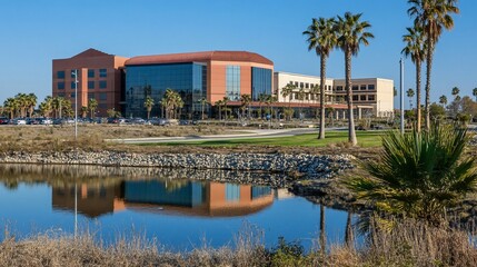 Fototapeta premium Modern Commercial Building Exterior With Pond Reflection