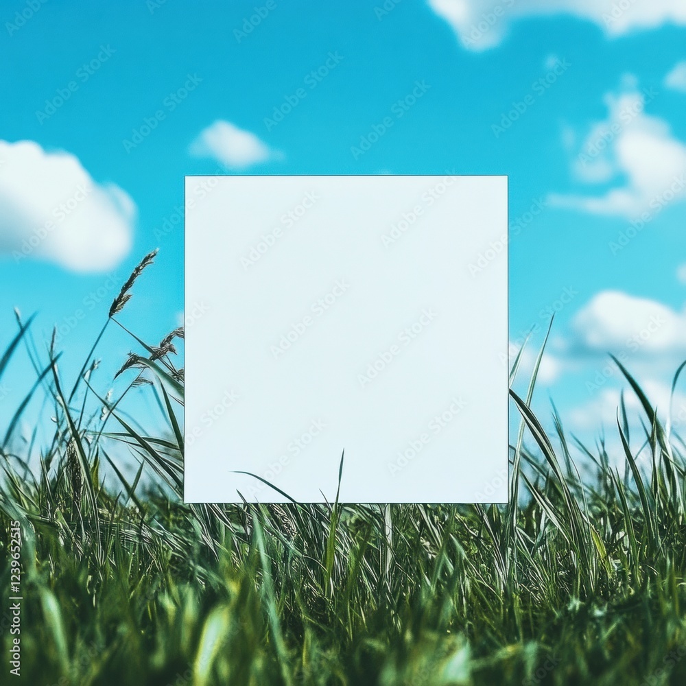 Poster Blank square on green grass under a blue sky with fluffy white clouds during a sunny day. Generative AI