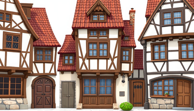 A big set of cute old half timbered houses. Medieval facades. Cartoon. Caricature , with white tonespng