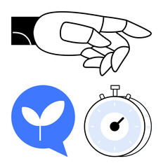 Outlined hand pinching gesture, blue speech bubble with leaf icon, stopwatch. Ideal for growth, planning, time management, sustainability, eco-friendly concepts, decision-making abstract line flat