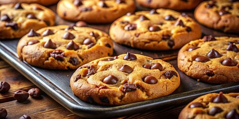 Delicious Homemade Chocolate Chip Cookies on Baking Sheet, Close-up Food Photography