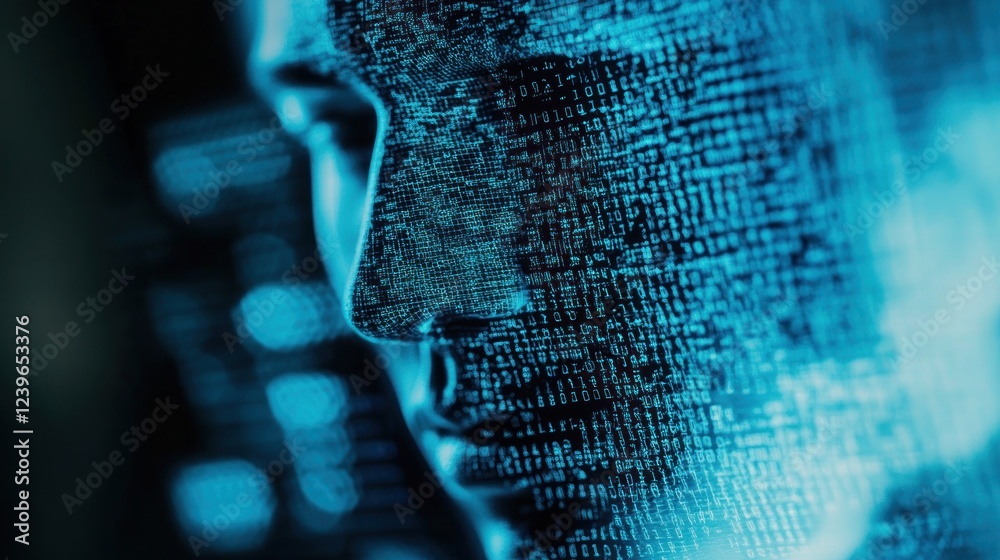 Poster digital identity: a portrait of face with binary code overlaying the skin