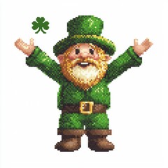 Joyful Pixel Art Leprechaun Celebrating St. Patrick's Day with Shamrock