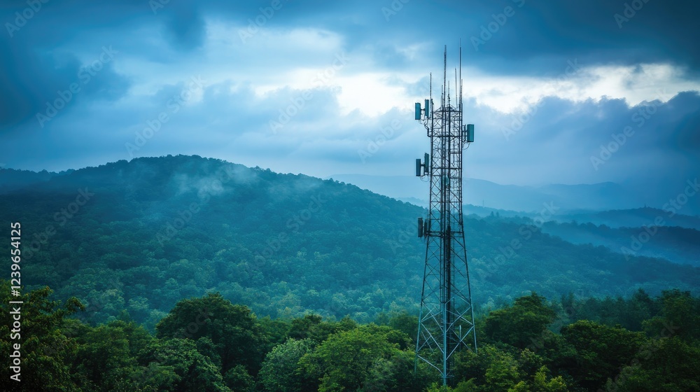 Poster a modern telecom tower rises amidst lush greenery and a dramatic sky, representing the harmony of ad