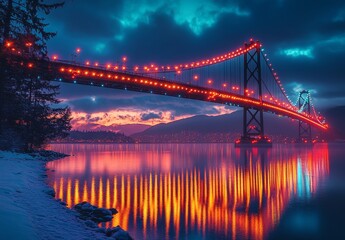 Fototapeta premium Illuminated Lions Gate Bridge at Night in Vancouver
