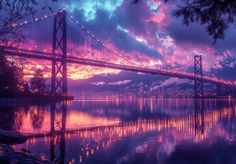 Obraz premium Vibrant Night View of Lions Gate Bridge in Vancouver