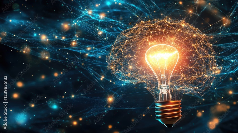 Poster A network of advanced AI lines linking a brain to a bright light bulb, representing the flow of creativity, intelligence, and problem-solving.