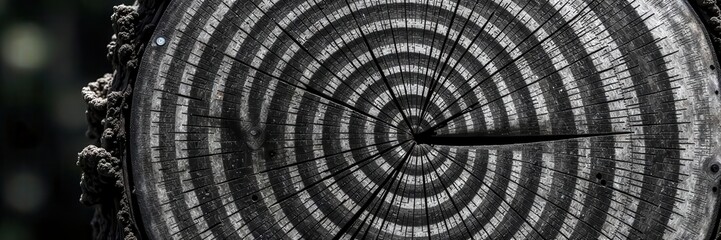 Naklejka premium Striking black & white saw cut pine, concentric rings , background, ecology, graphic