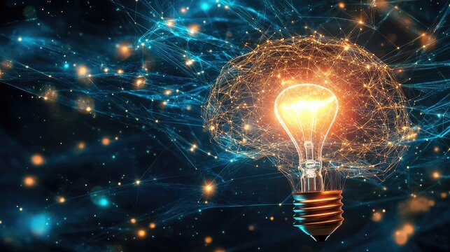A network of advanced AI lines linking a brain to a bright light bulb, representing the flow of creativity, intelligence, and problem-solving.