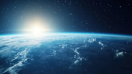 Obraz premium Vibrant sunrise over the Earth seen from space with twinkling stars in the background during twilight. Generative AI
