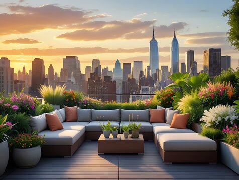 Elegant rooftop garden with plush seating and vibrant greenery, providing a peaceful retreat and a breathtaking view of the city skyline during sunset

 - Powered by Adobe