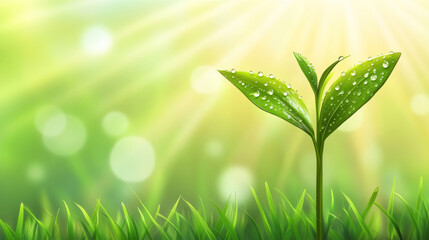 Obraz premium Fresh Spring Growth with Dewdrops on Single Sprig. Concept of Nature's Renewal, New Beginnings, Morning Freshness, Green Vibrancy. Copy space. Spring background