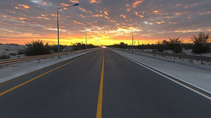 Scenic Roadway under Vibrant Sunset Sky with Dramatic Clouds
