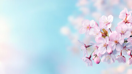 Fototapeta premium Closeup of Blooming Cherry Blossoms Against Blue Sky. Concept of Spring, Renewal, Nature Beauty, Tranquility. Spring background. Copy space