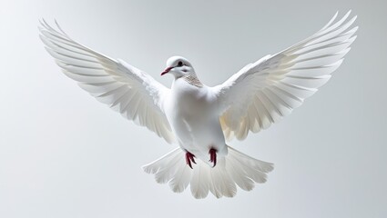 Fototapeta premium A white dove is flying against a white background