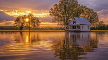 Obraz premium A peaceful rural house elevated in a flooded field, surrounded by water, with the setting sun casting golden reflections on the calm water and trees.