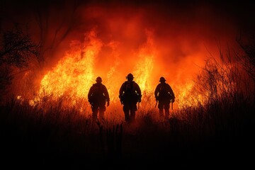 Fototapeta premium Firefighters battling a wildfire at sunset, intense flames
