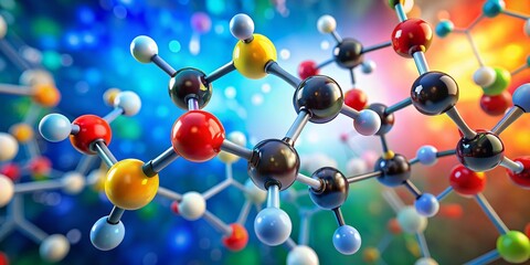Molecular Structure: A vibrant, 3D rendering of a complex molecular structure, with atoms represented by colorful spheres connected by bonds, set against a dynamic backdrop of swirling colors.