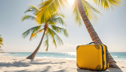 Obraz premium Yellow suitcase under palm tree on sunny beach, travel background 3D Rendering , with white tonespng