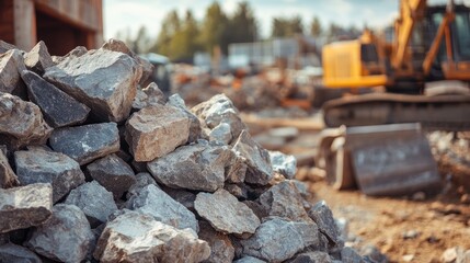 A pile of rough, jagged rocks at a worksite, with construction machinery and activity blurred in the background, showcasing the scale and preparation for building.