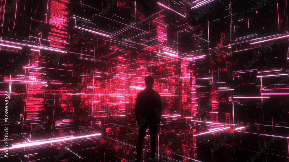 Poster man standing in the middle of digital red abstract structure with lines
